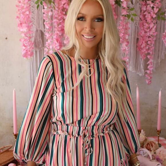 Striped High Waisted Mini Dress, M - Picture 3 of 8